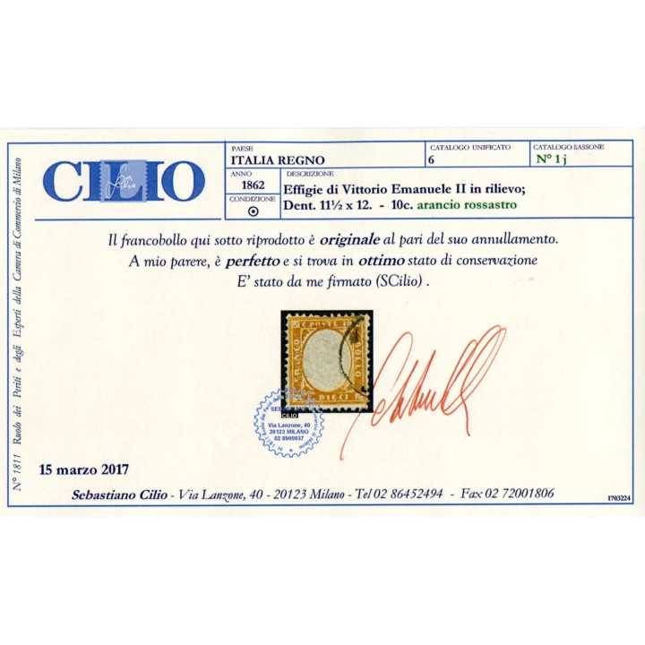 1862 Regno 10 cent. 1 arancio rossastro