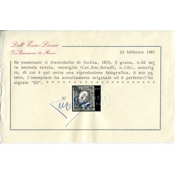 1859 Sicilia 5 grana vermiglio vivo II tavola 