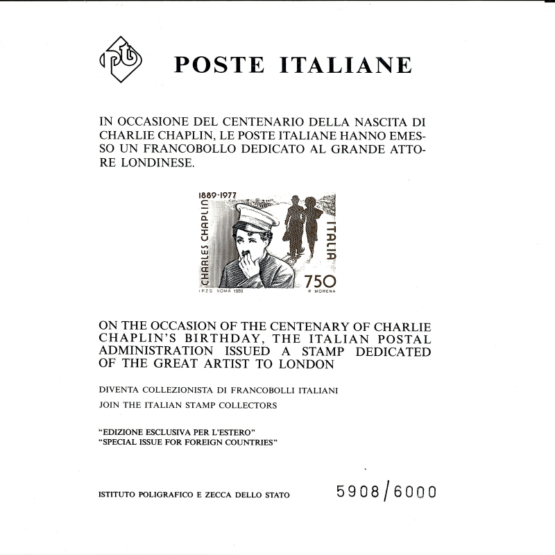 1989 Foglietto CHAPLIN nuovo numero 5908 cert.