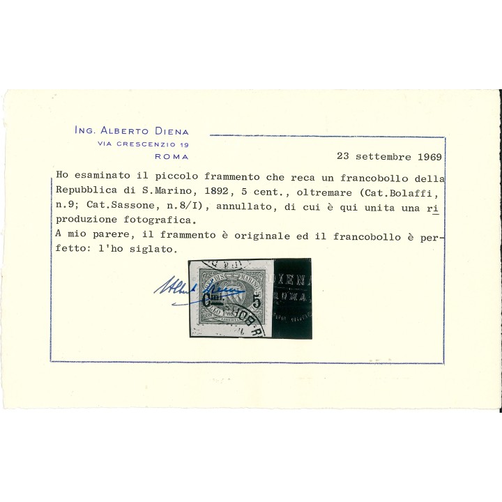 1892 San Marino 8A usato su frammento centrato