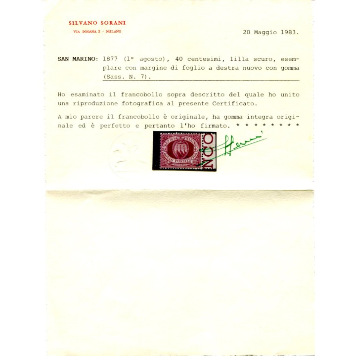 1877 San Marino 40 cent. lilla scuro bordo