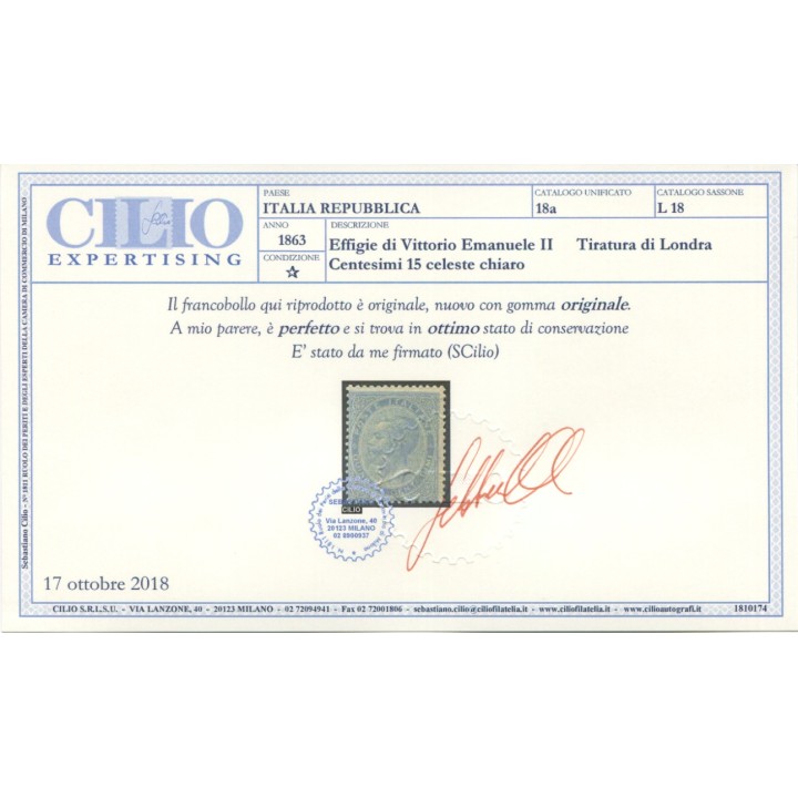 1863 Regno 15 cent. celeste chiaro nuovo