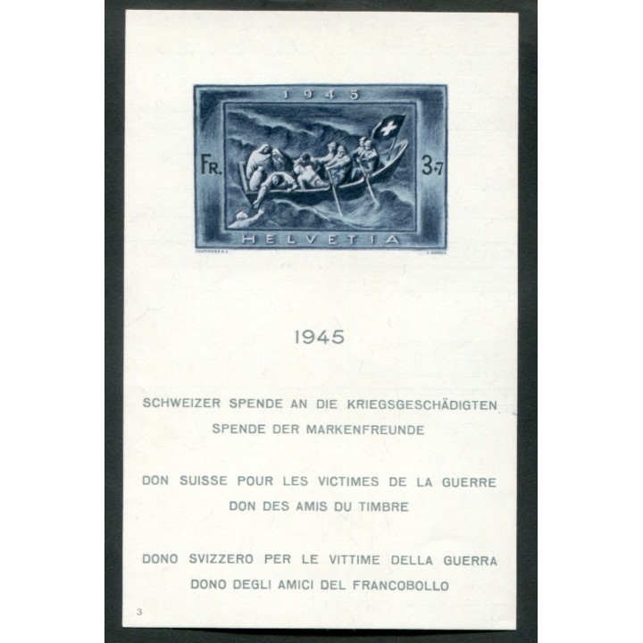 1945 Svizzera 3+7 fr. Foglietto Dono x vittime guerra nuovo   
