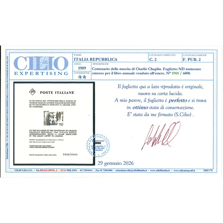 1989 Foglietto CHAPLIN nuovo numero 5908 cert.