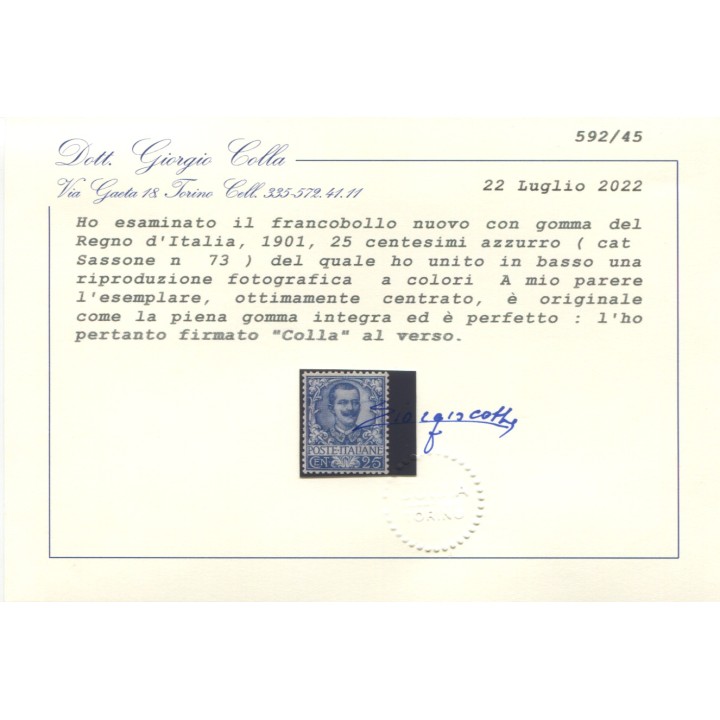 1901 Regno Floreale 25 cent. nuovo centrato
