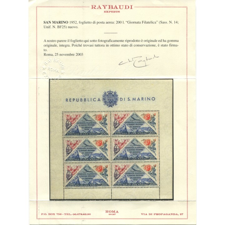 1952 San Marino BF foglietto Fiori 200 lire