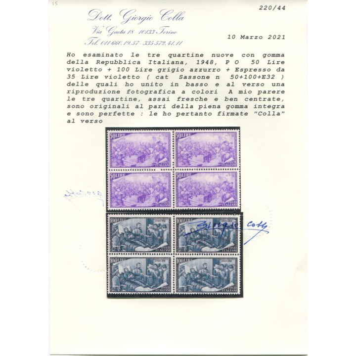 1948 Repubblica Risorgimento serie completa blocco 4