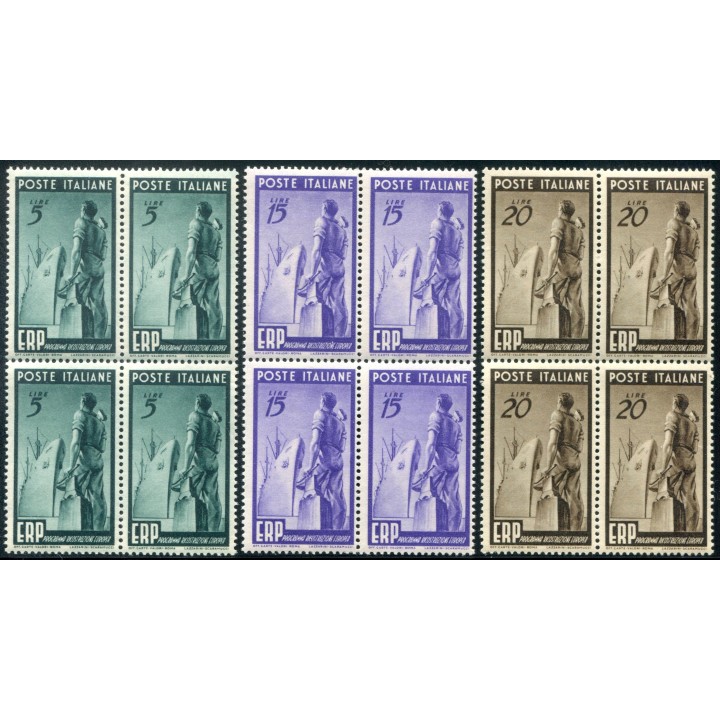 1949 Repubblica Erp serie di 3 val in blocco di 4