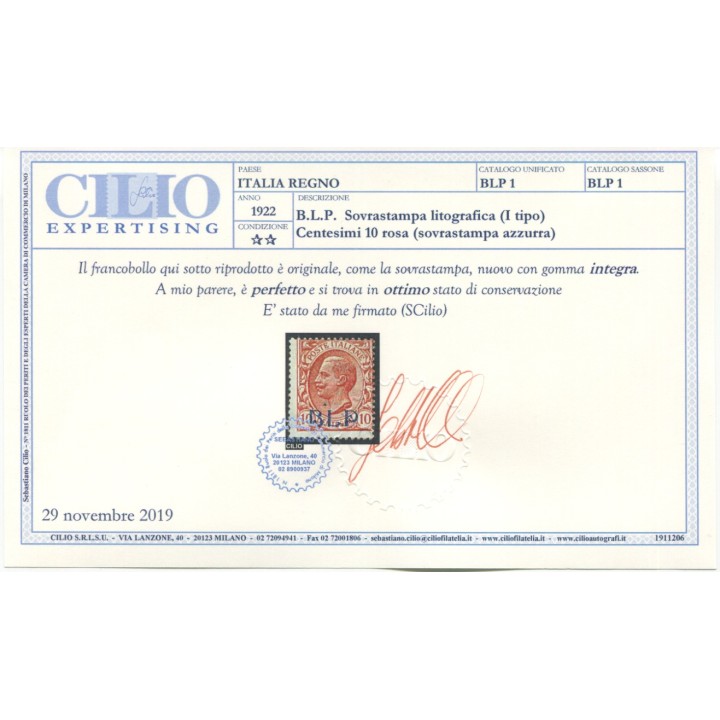 1921 Regno BLP 10 cent I tipo sovrastampa azzurra