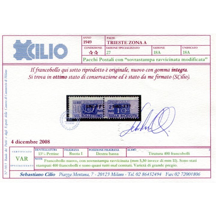 1949 Trieste A Pacchi postali 10 lire sovr. ravvicinata